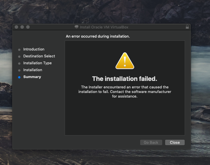 Screenshot of VirtualBox Install Failling